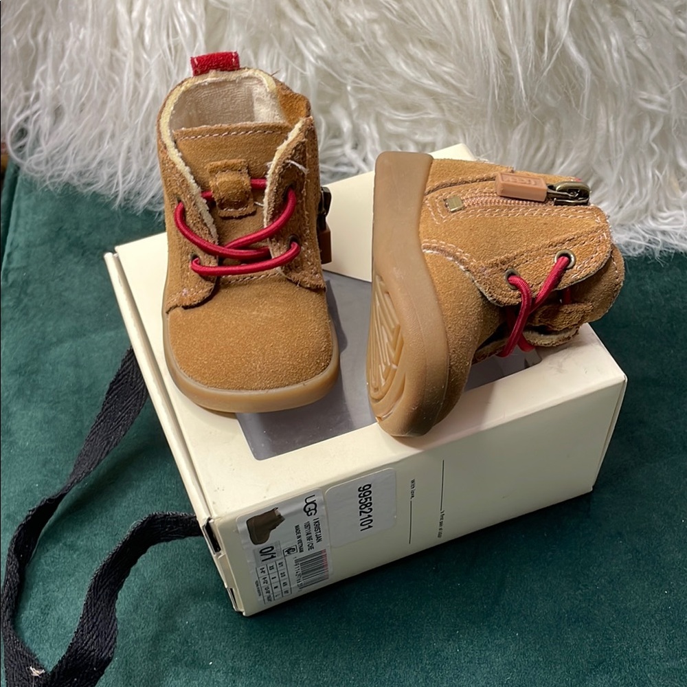 UGG Light Tan Baby Walker Boots with Red Laces and Suede Material